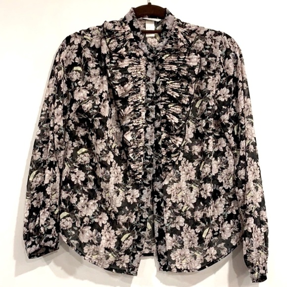 NEW H&M Floral Semi-Sheer Ruffle Frill Button Front Blouse - Picture 1 of 6